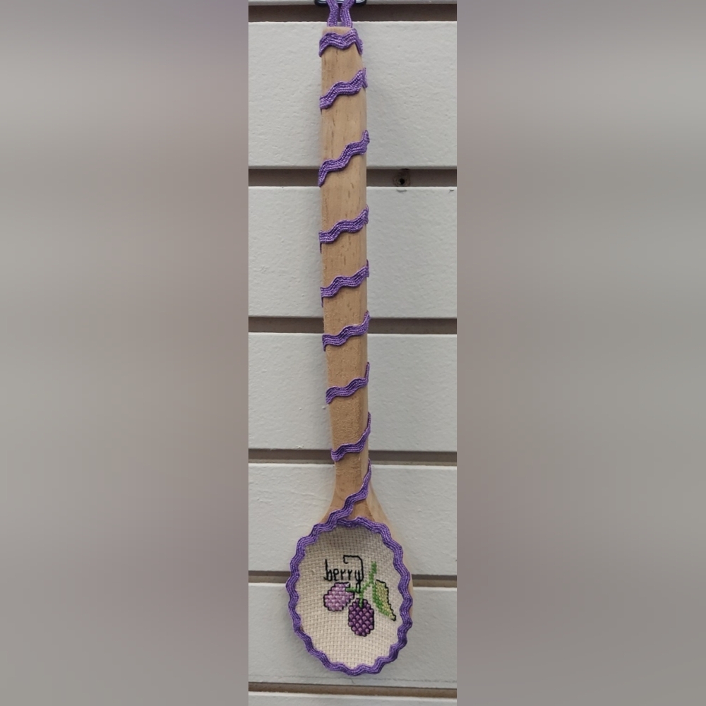 Handmade Wooden Spoon  kitchen Decor Cross Stitching Berry 13.5"